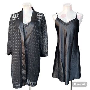 Black Satin Nightgown & Robe Set - Black - medium